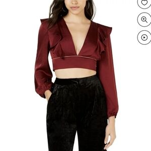 Leyden Wine Red Crop Top Long Sleeve V Neck Ruffles size medium NWT